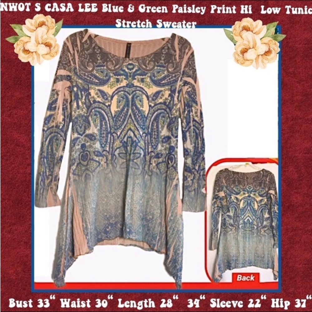NWOT S LIGHTWEIGHT SWEATER TUNIC Blue & Green Paisley Print HiLow Stretch ribbed
